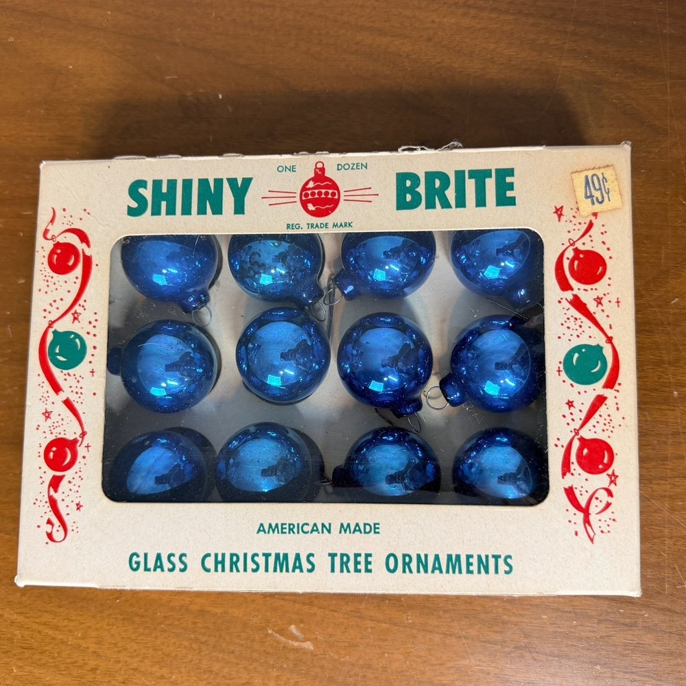 VTG Shiny Brite Mercury Glass Green 1" Christmas Ornaments Set of 12 w/ Box USA